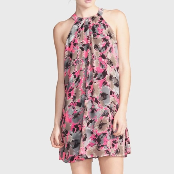 ASTR Women's Gray Pink Floral Halter Neck Sleeveless A-line Mini Dress Size S - Picture 1 of 6